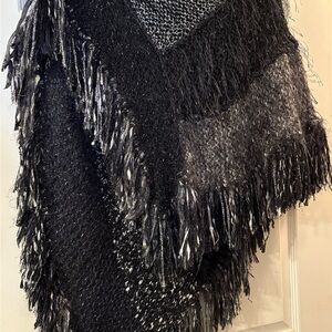 Elegant Black and Gray Fringed Handmade Poncho